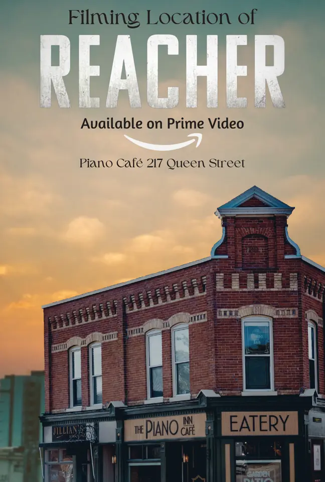 Movie poster with Piano Inn and Café in front of cityscape backdrop, title reading 'Filming Location of Reacher, Available on Prime Video, Piano Café, 217 Queen Street'