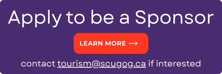 Purple button with text reading 'Apply to be a Sponsor,' with a red bubble below reading 'Learn More' with a rightward facing arrow. Text below reading 'contact tourism@scugog.ca if interested'