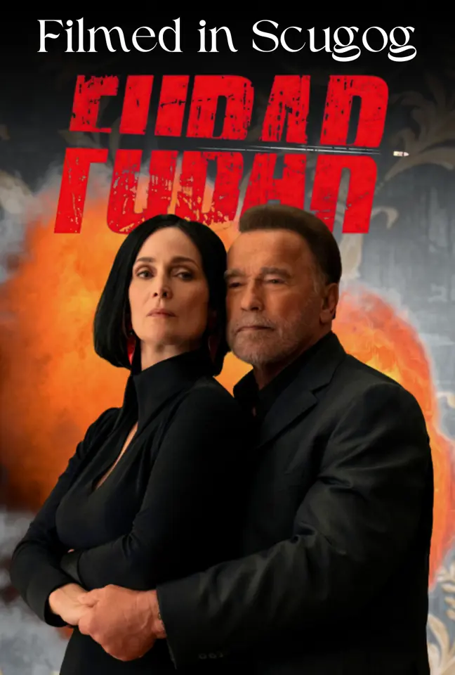 Man and woman embracing in front of explosion and wallpaper with FUBAR logo and caption above reading 'Filmed in Scugog'