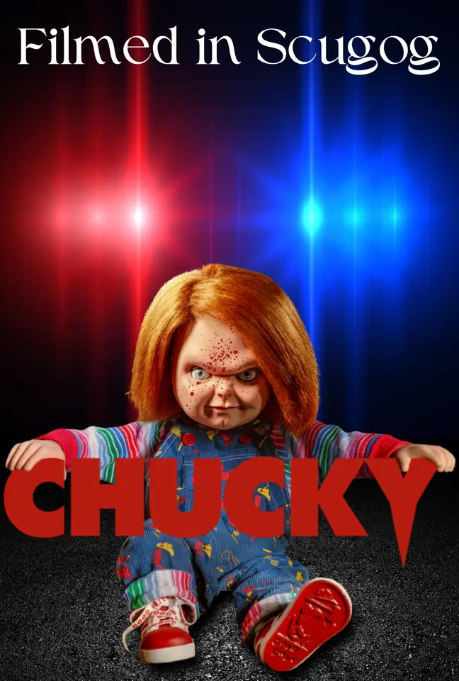Chucky doll sitting on pavement in front of police lights holding 'Chucky' red text, with caption at top reading 'Filmed in Scugog'